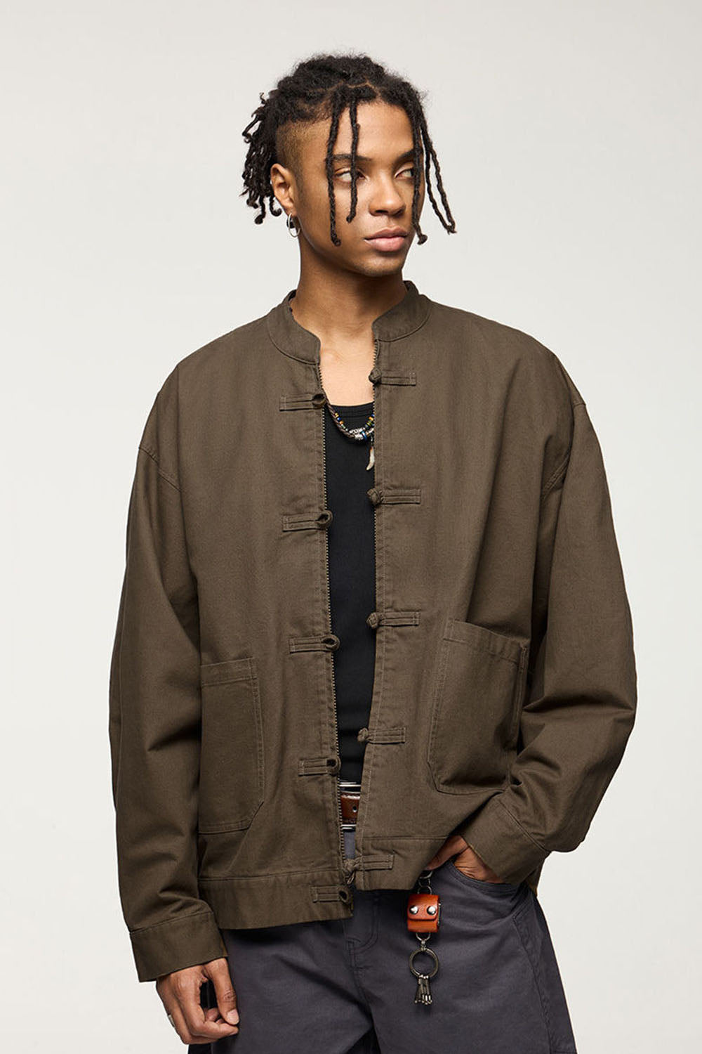 Thick Twill Utility Zip Jacket with Frog-Button Details for Men