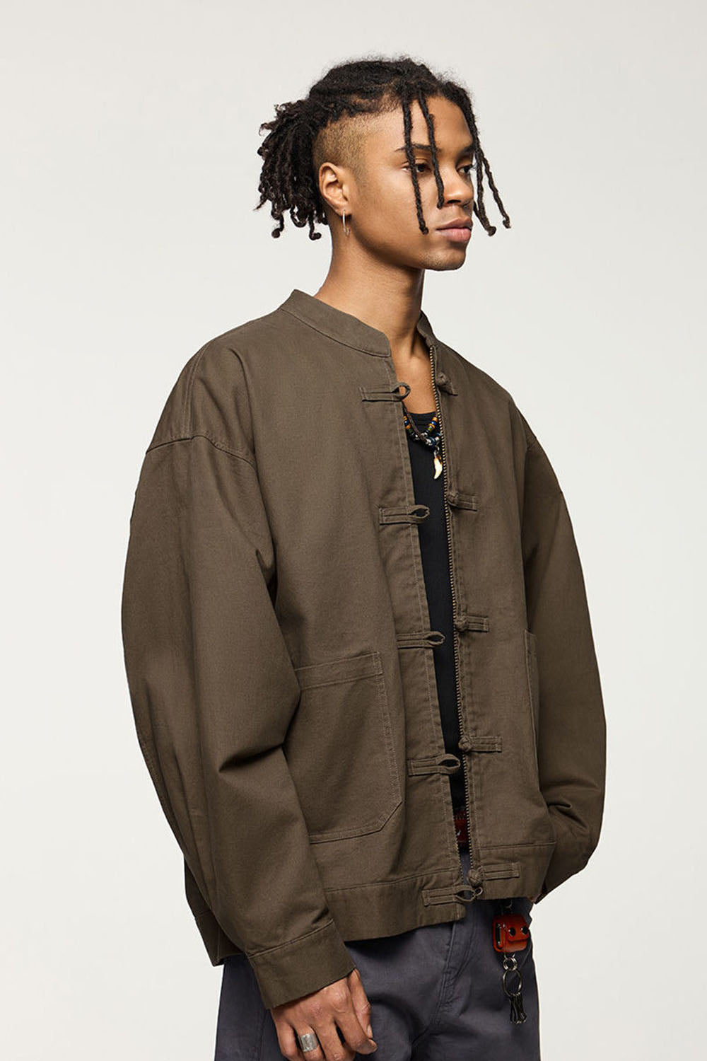 Thick Twill Utility Zip Jacket with Frog-Button Details for Men