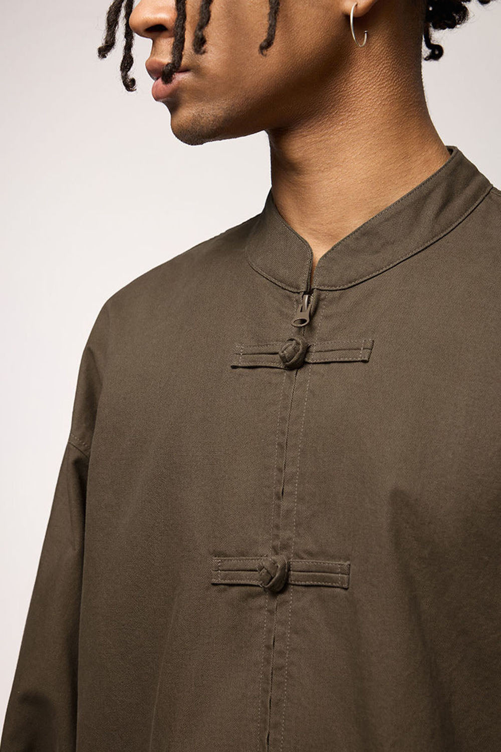 Thick Twill Utility Zip Jacket with Frog-Button Details for Men
