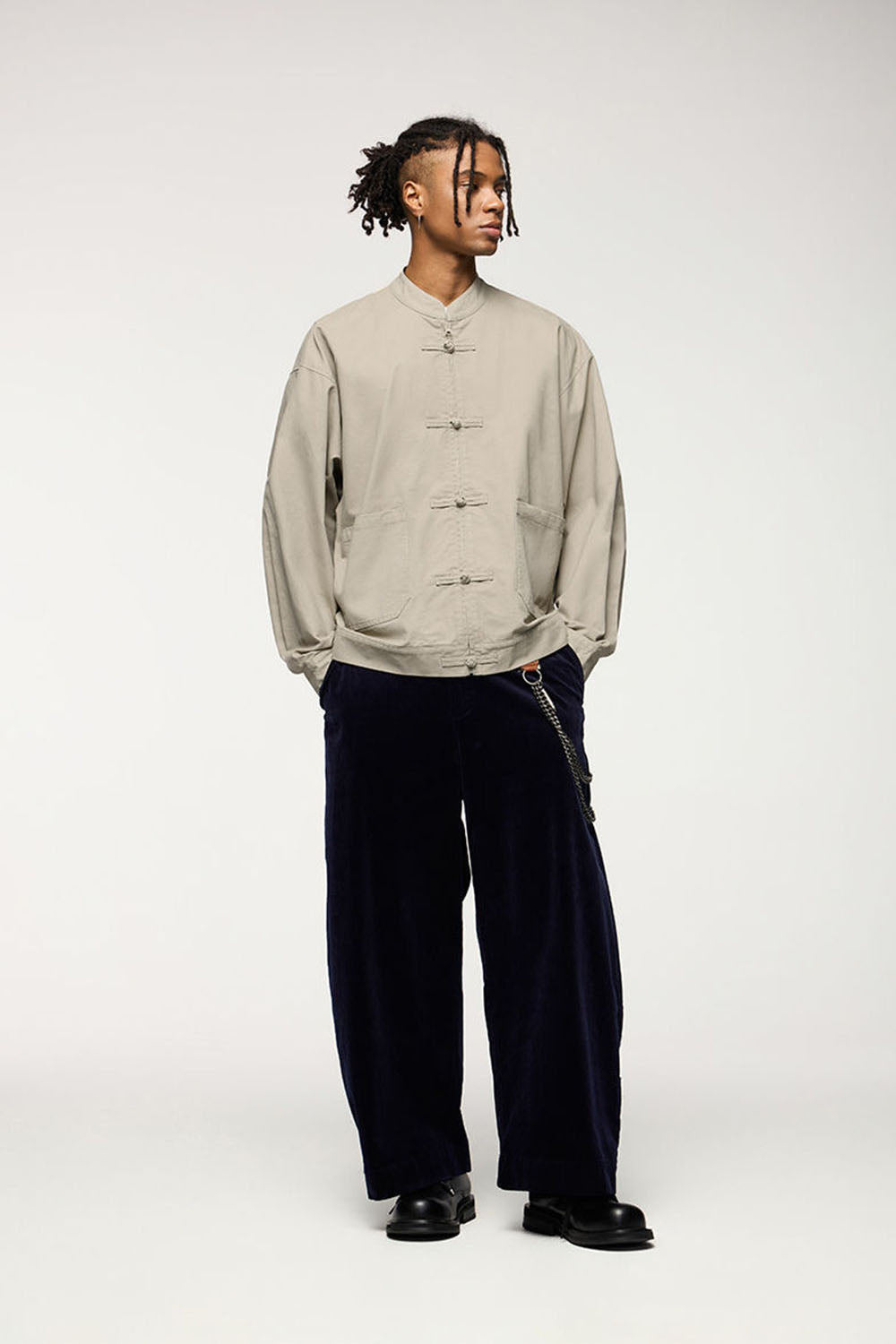 Thick Twill Utility Zip Jacket with Frog-Button Details for Men