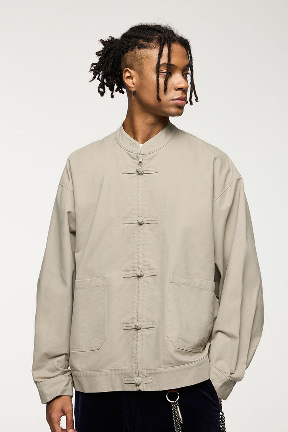 Thick Twill Utility Zip Jacket with Frog-Button Details for Men