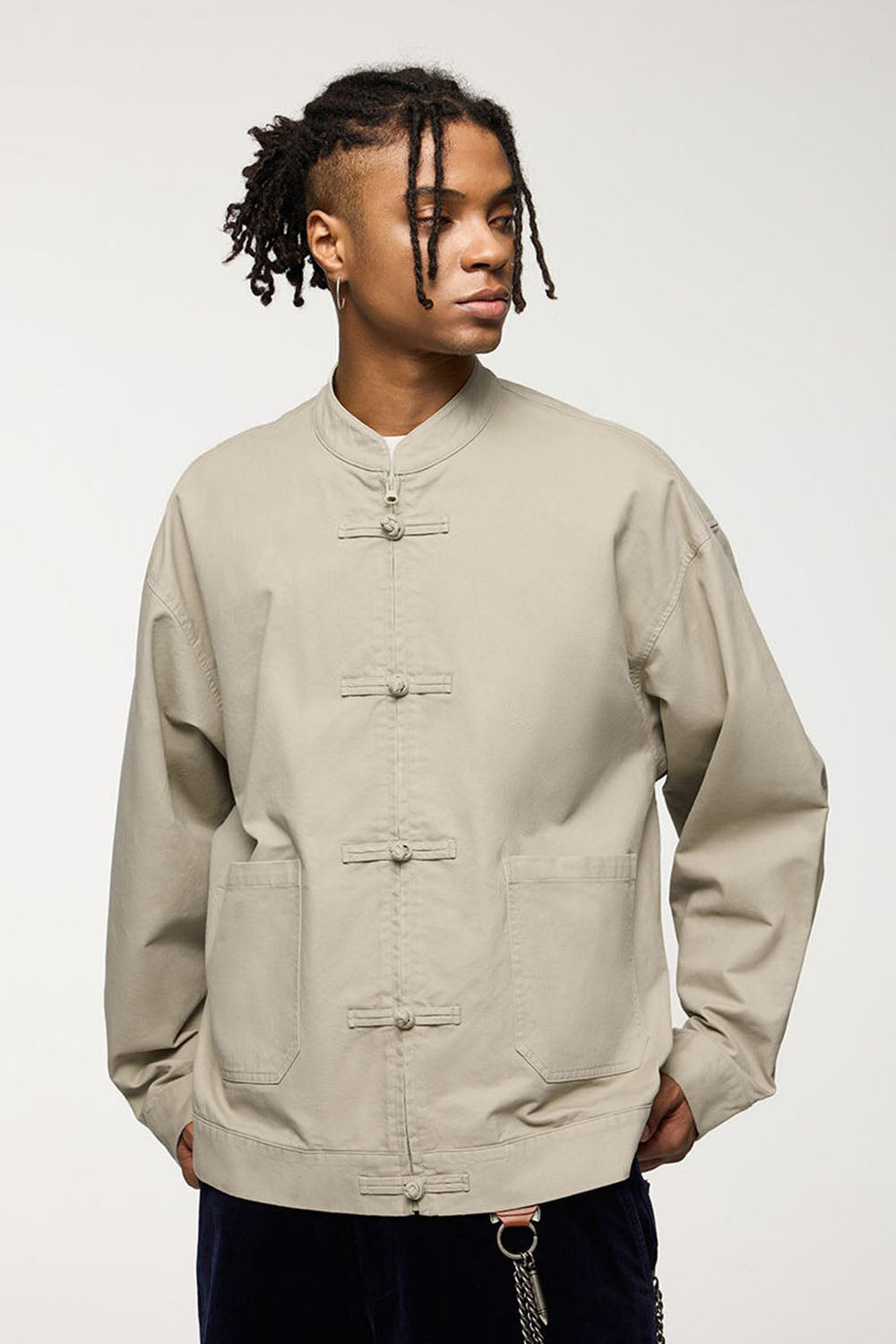 Thick Twill Utility Zip Jacket with Frog-Button Details for Men