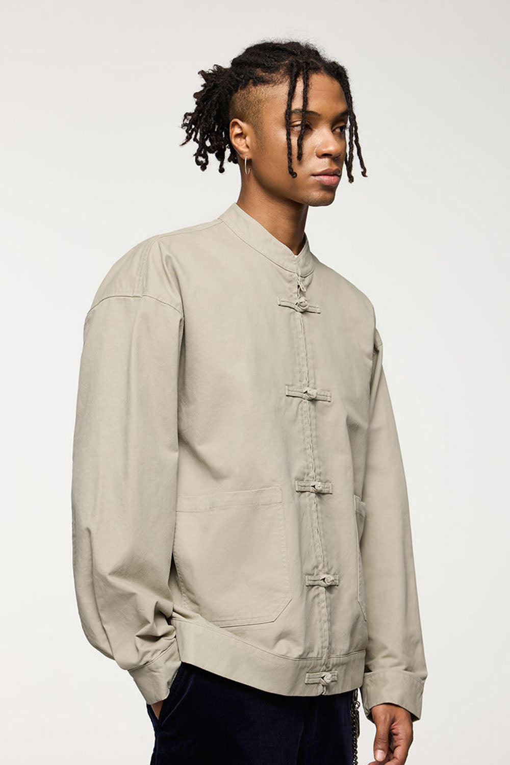 Thick Twill Utility Zip Jacket with Frog-Button Details for Men