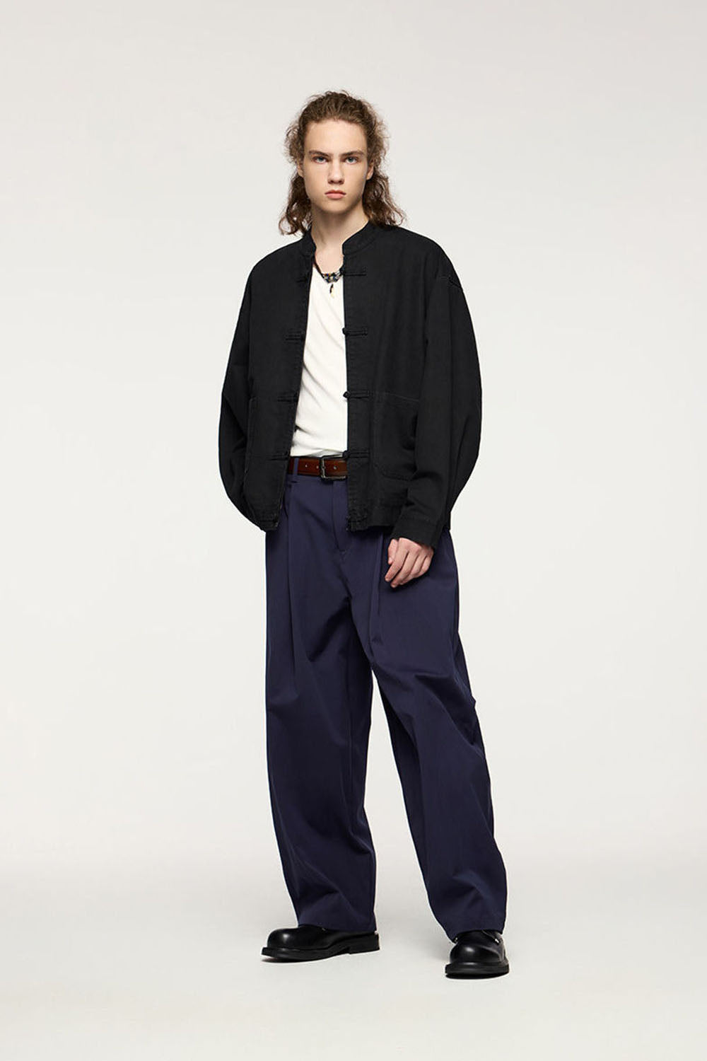 Thick Twill Utility Zip Jacket with Frog-Button Details for Men
