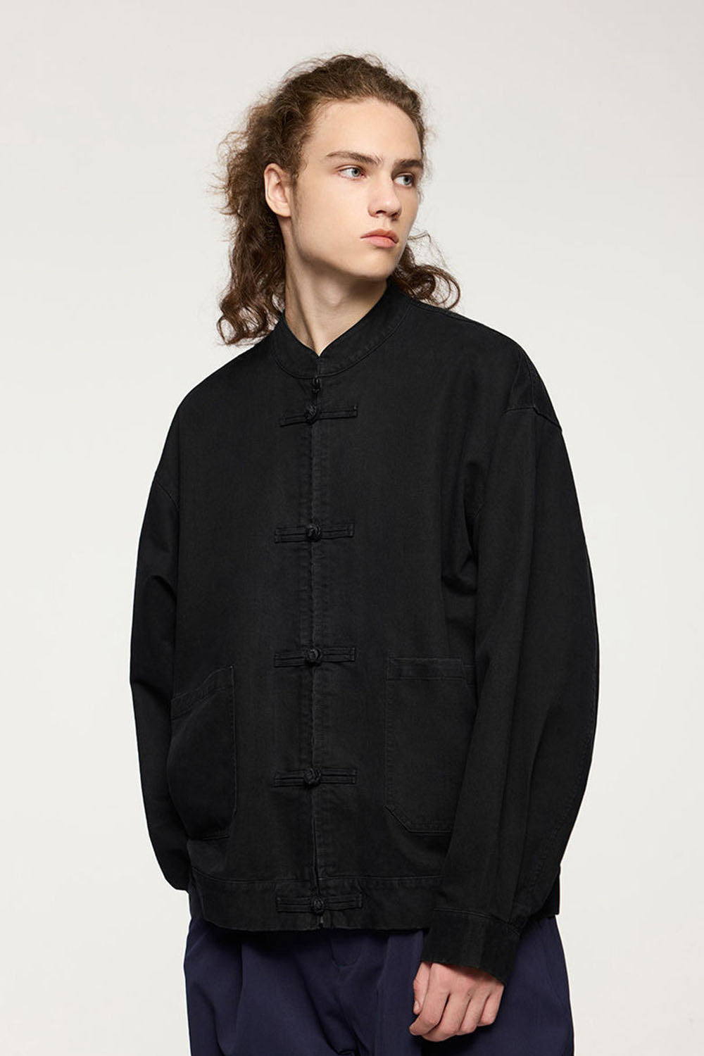 Thick Twill Utility Zip Jacket with Frog-Button Details for Men