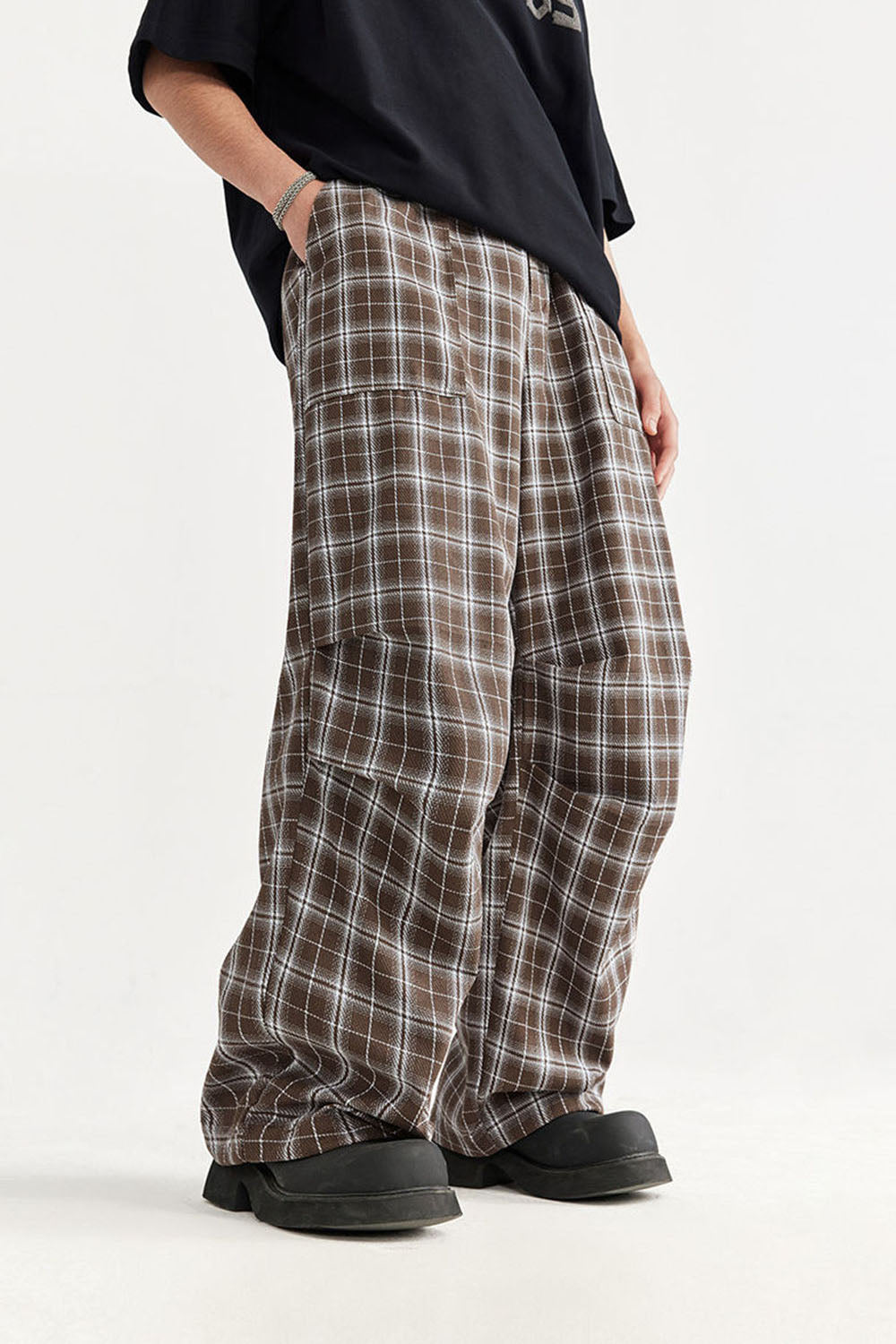 Men's Plaid Parachute Wide-Leg Cargo Pants