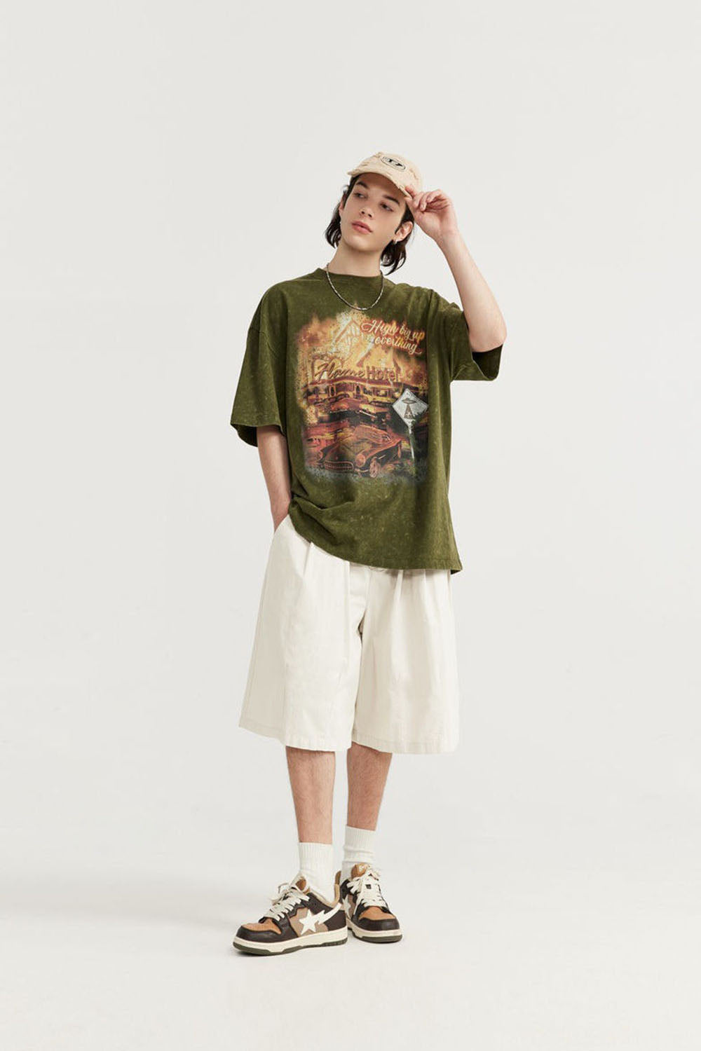 Men's Washed A-Line Shorts with Unique Solid Color Casual Five-Point Length