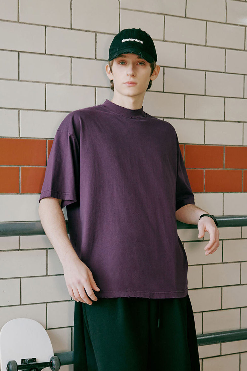 Men's High Collar Embroidered Loose Fit Distressed Short Sleeve T-shirt
