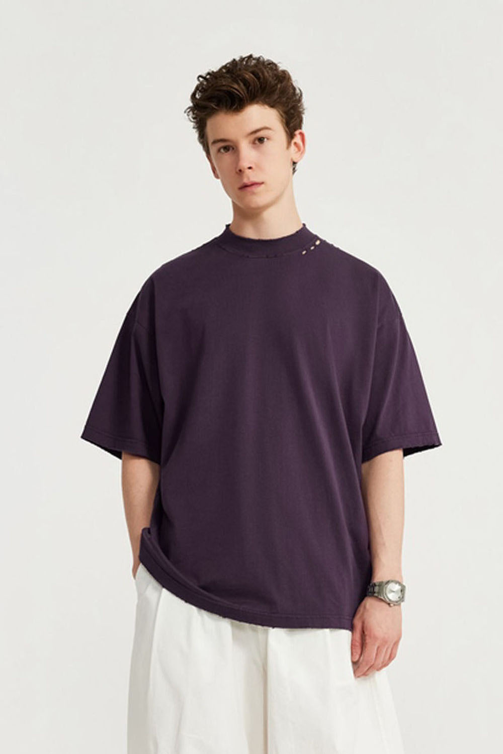 Men's High Collar Embroidered Loose Fit Distressed Short Sleeve T-shirt