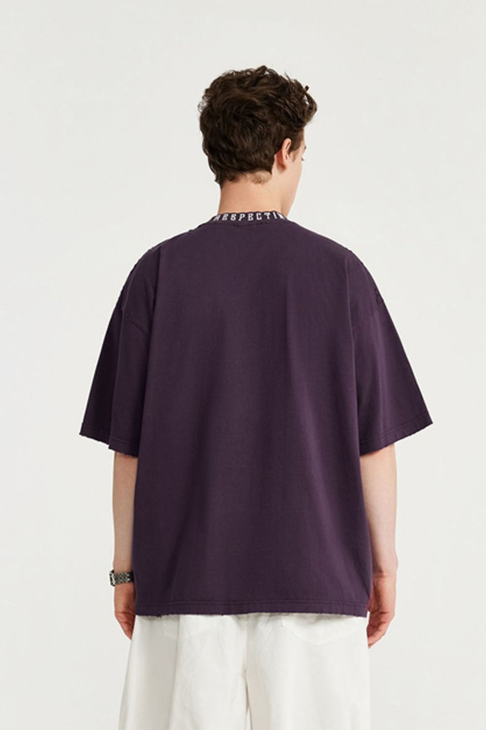 Men's High Collar Embroidered Loose Fit Distressed Short Sleeve T-shirt