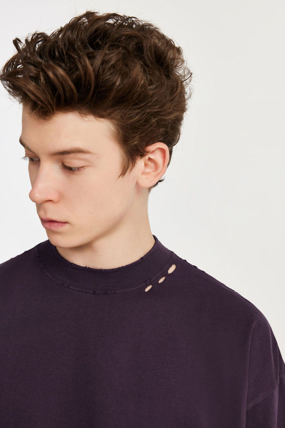 Men's High Collar Embroidered Loose Fit Distressed Short Sleeve T-shirt