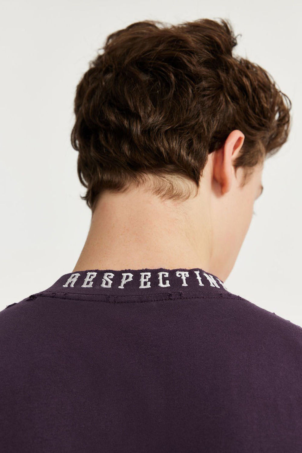 Men's High Collar Embroidered Loose Fit Distressed Short Sleeve T-shirt