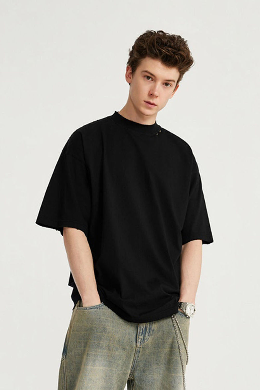 Men's High Collar Embroidered Loose Fit Distressed Short Sleeve T-shirt