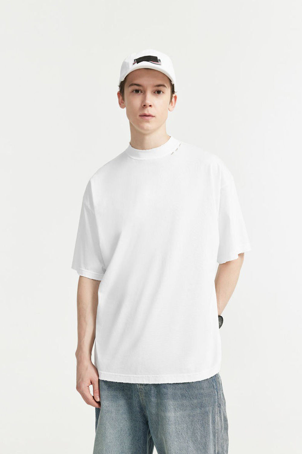 Men's High Collar Embroidered Loose Fit Distressed Short Sleeve T-shirt