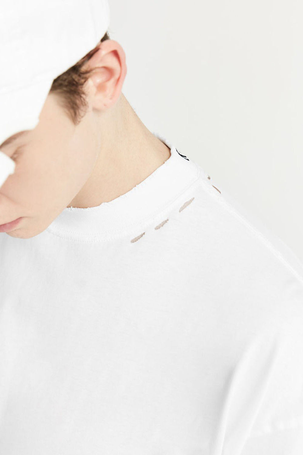Men's High Collar Embroidered Loose Fit Distressed Short Sleeve T-shirt