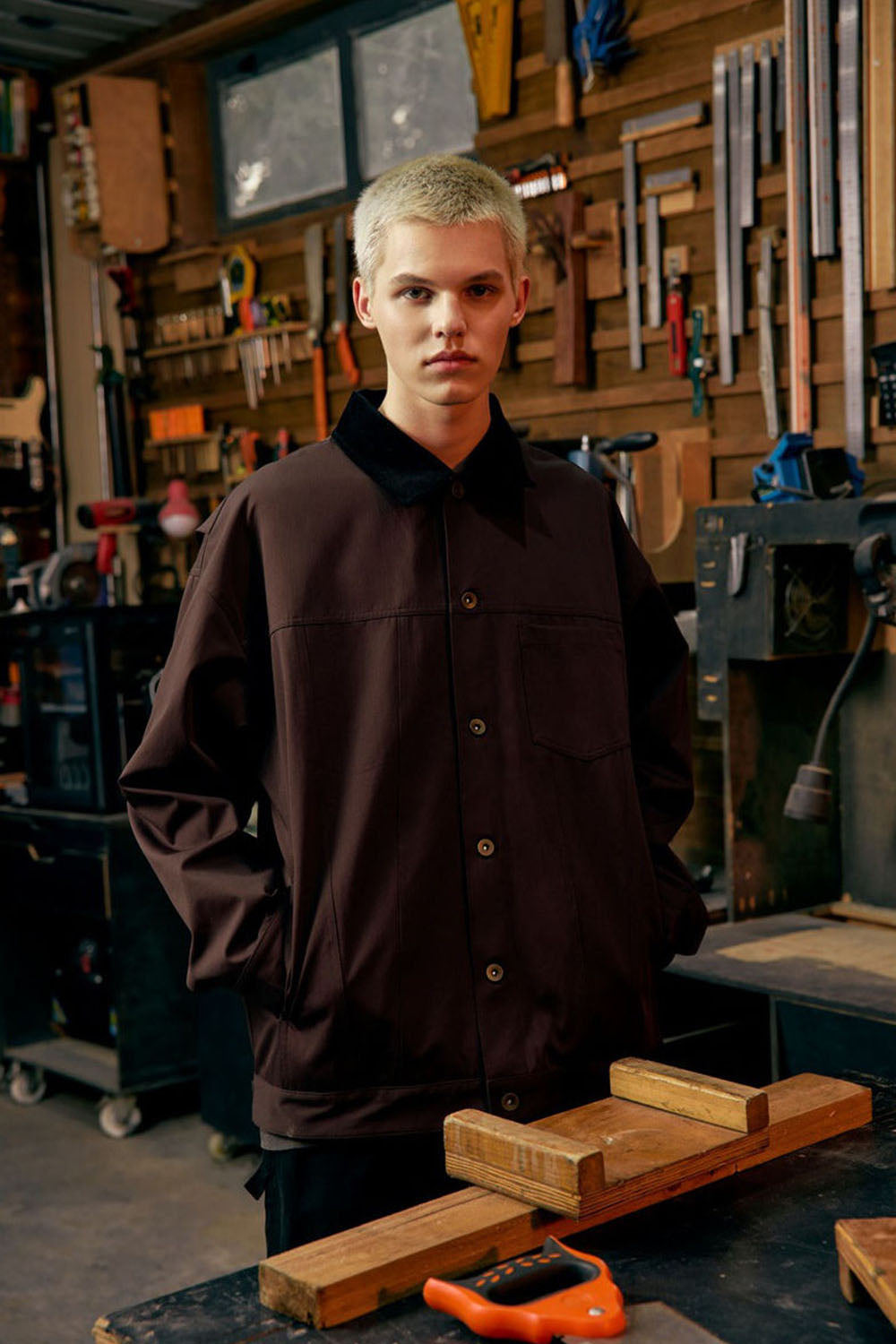 Detroit-Style Stretch Denim Work Jacket with Corduroy Collar