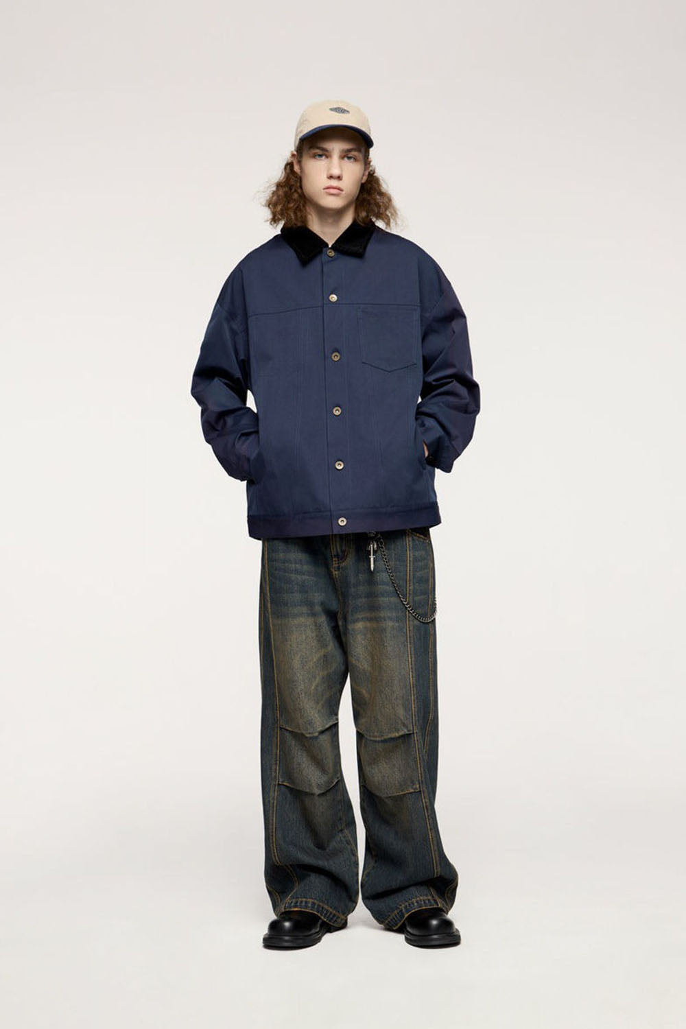 Detroit-Style Stretch Denim Work Jacket with Corduroy Collar