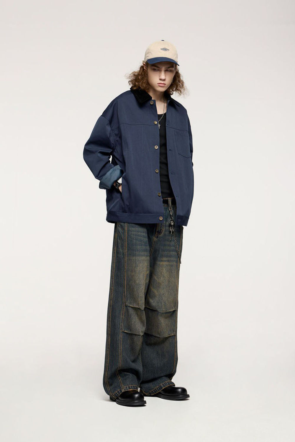 Detroit-Style Stretch Denim Work Jacket with Corduroy Collar