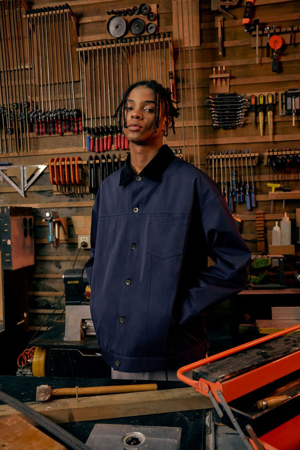 Detroit-Style Stretch Denim Work Jacket with Corduroy Collar