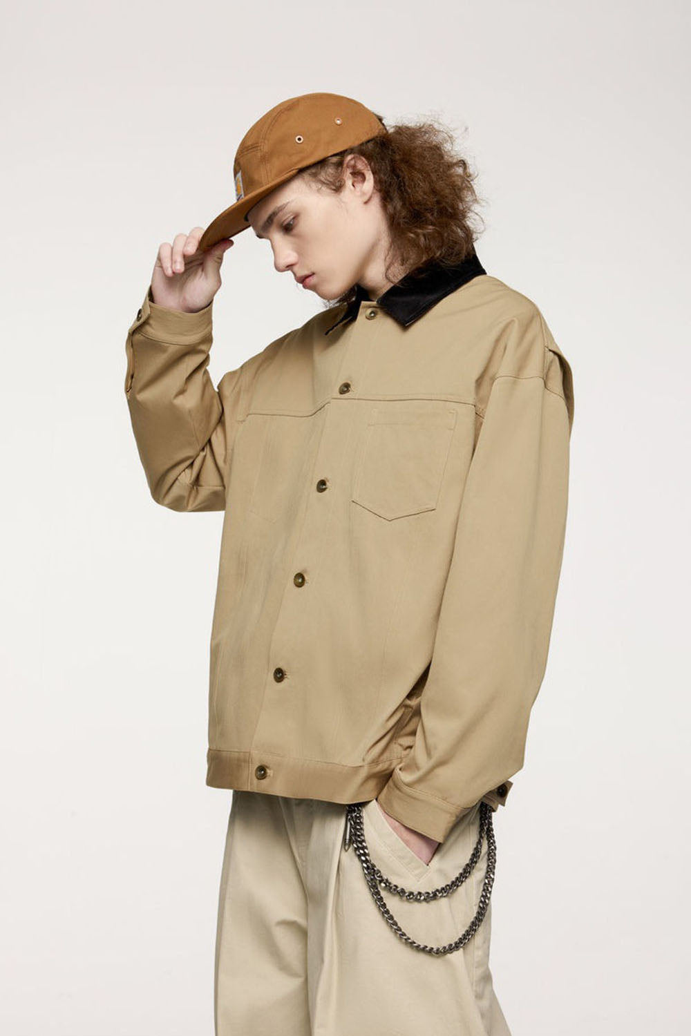 Detroit-Style Stretch Denim Work Jacket with Corduroy Collar