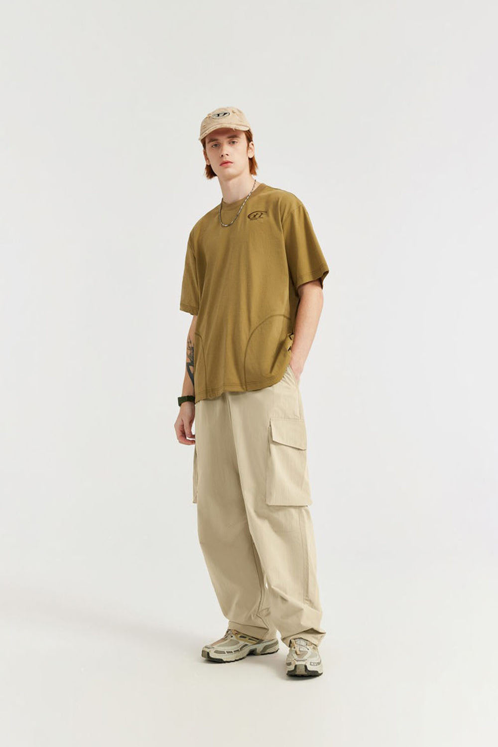 Wrinkled Utility Straight-Leg Pants with Large Pockets