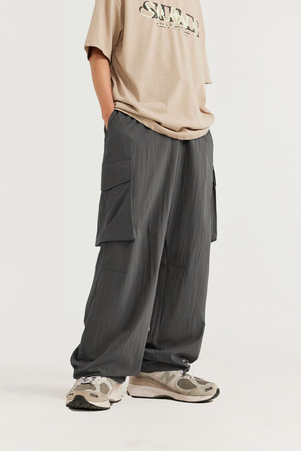 Wrinkled Utility Straight-Leg Pants with Large Pockets