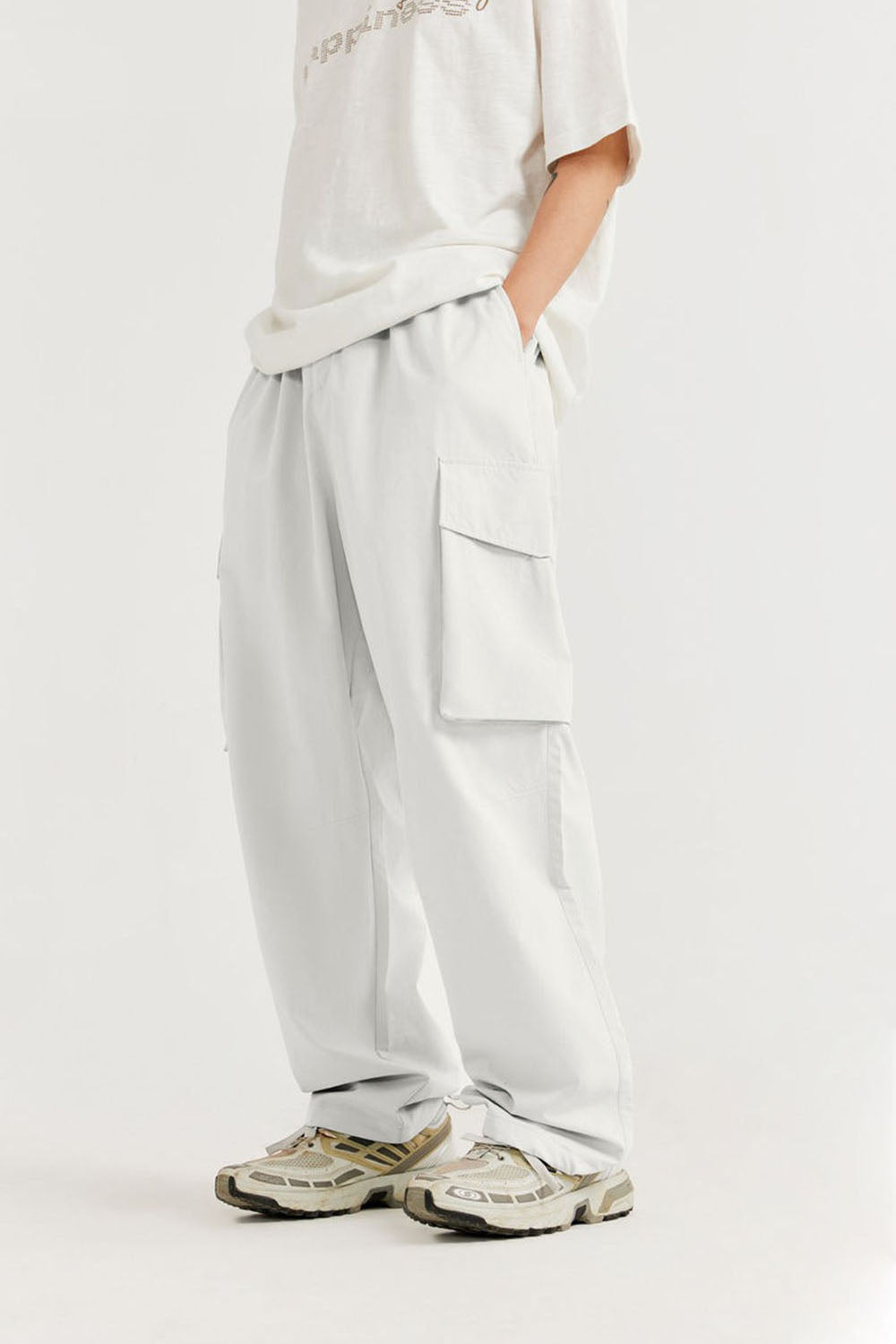 Wrinkled Utility Straight-Leg Pants with Large Pockets