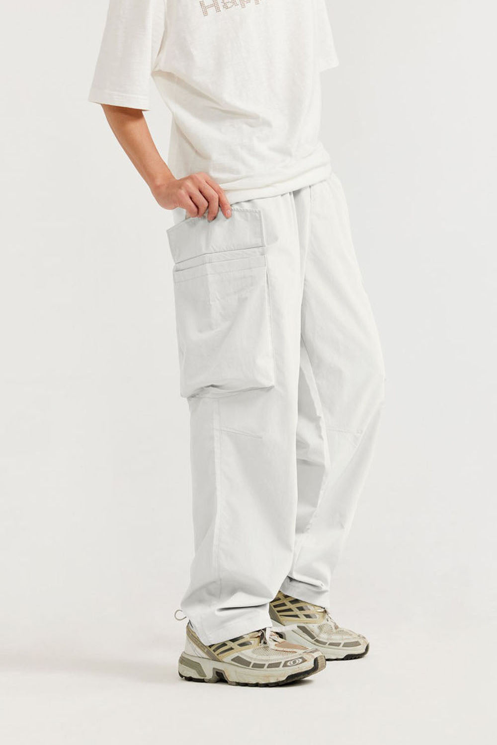 Wrinkled Utility Straight-Leg Pants with Large Pockets