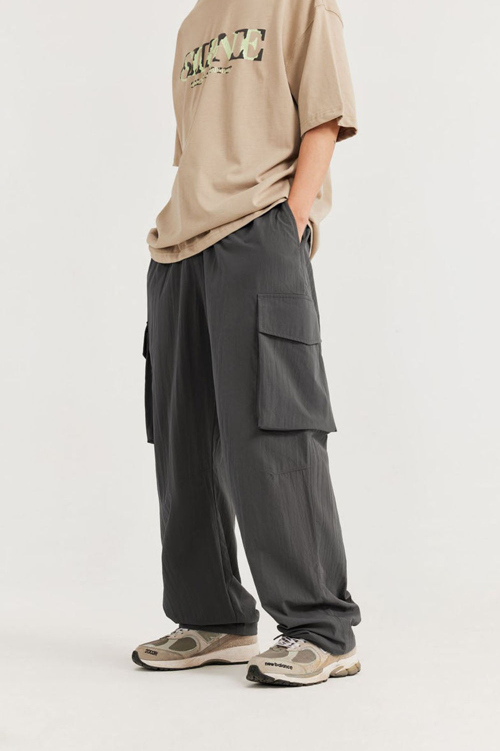 Wrinkled Utility Straight-Leg Pants with Large Pockets