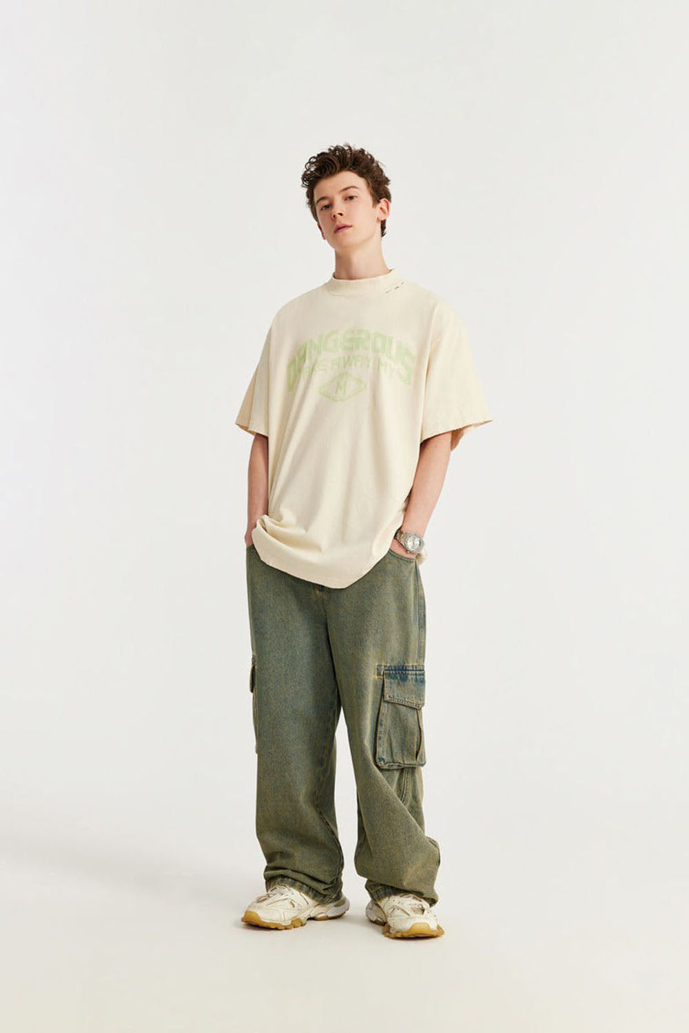 Mock Neck Rubber Print Slogan T-Shirt