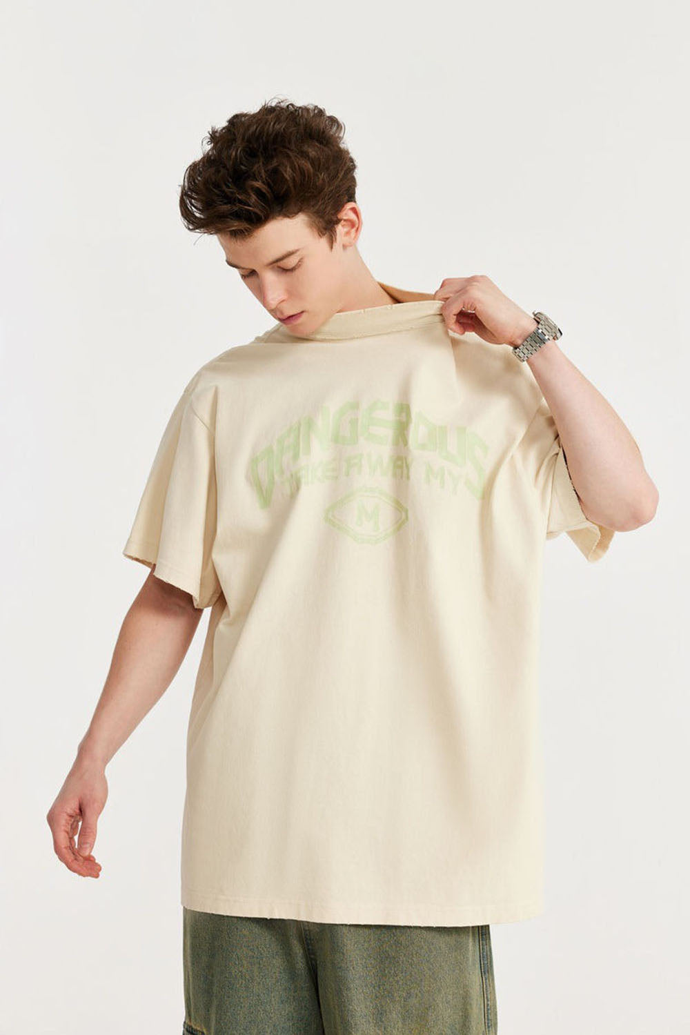 Mock Neck Rubber Print Slogan T-Shirt