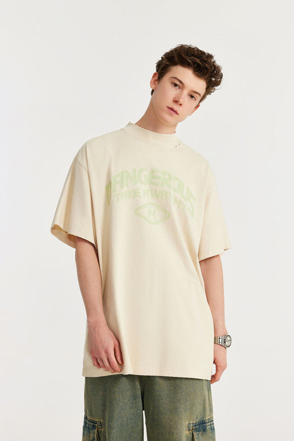 Mock Neck Rubber Print Slogan T-Shirt