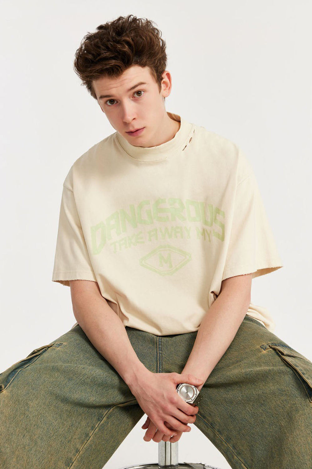 Mock Neck Rubber Print Slogan T-Shirt