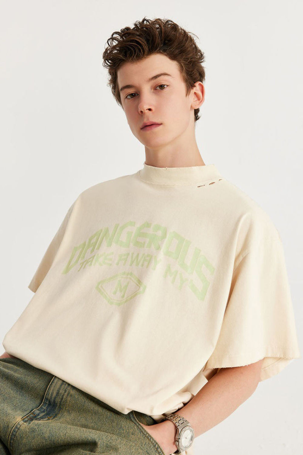 Mock Neck Rubber Print Slogan T-Shirt