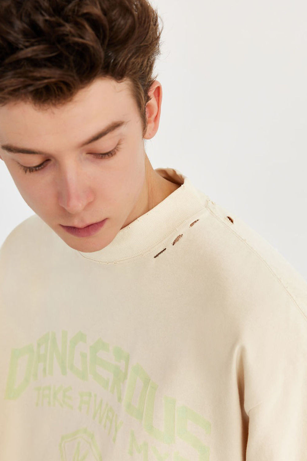 Mock Neck Rubber Print Slogan T-Shirt