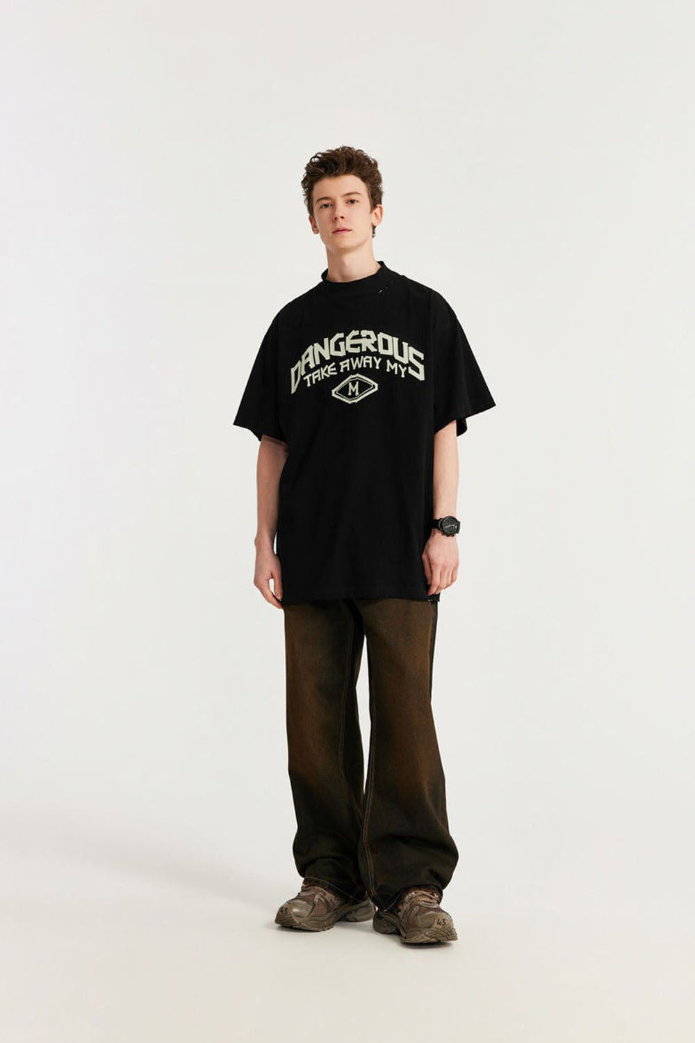 Mock Neck Rubber Print Slogan T-Shirt