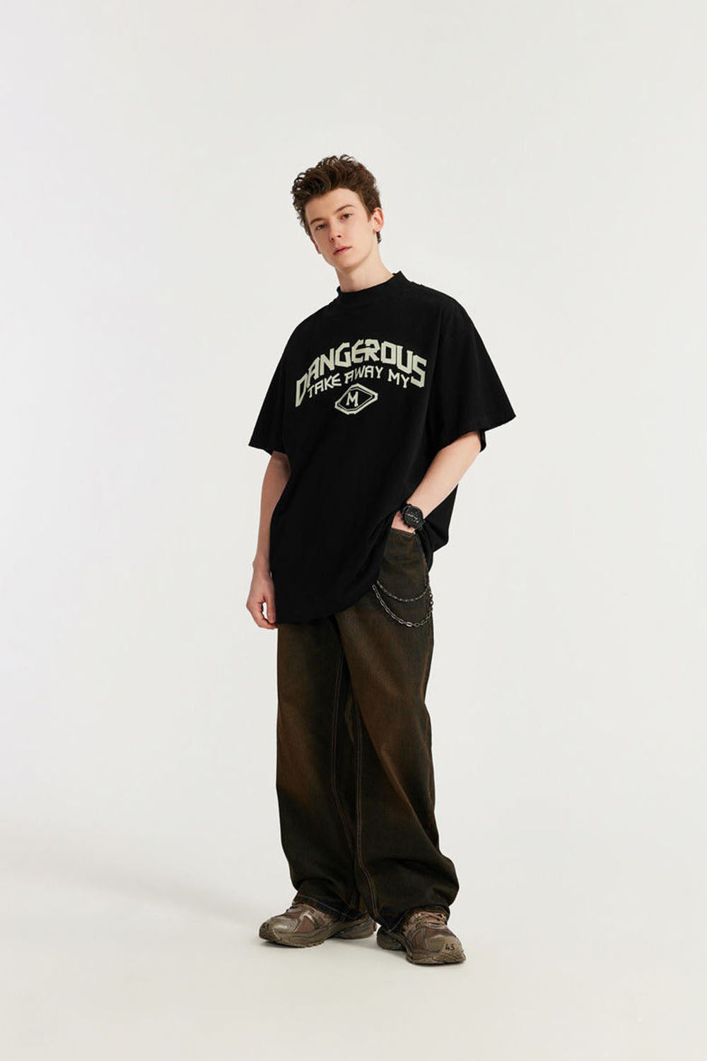 Mock Neck Rubber Print Slogan T-Shirt