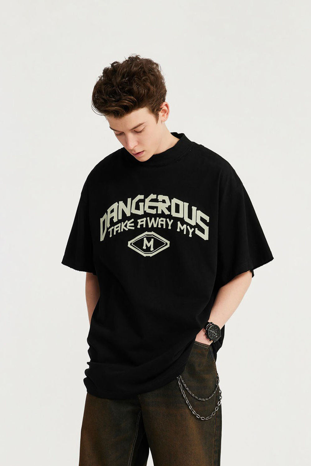 Mock Neck Rubber Print Slogan T-Shirt