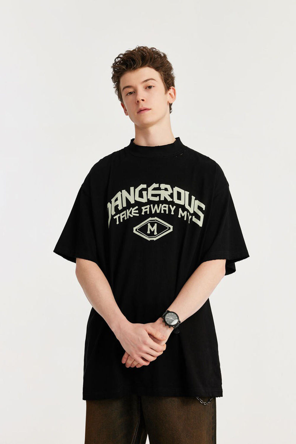 Mock Neck Rubber Print Slogan T-Shirt