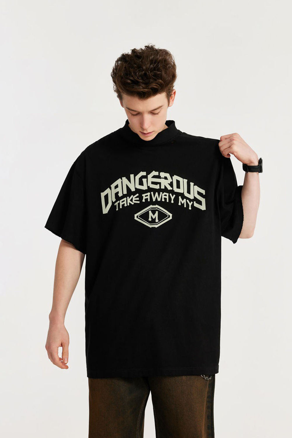 Mock Neck Rubber Print Slogan T-Shirt