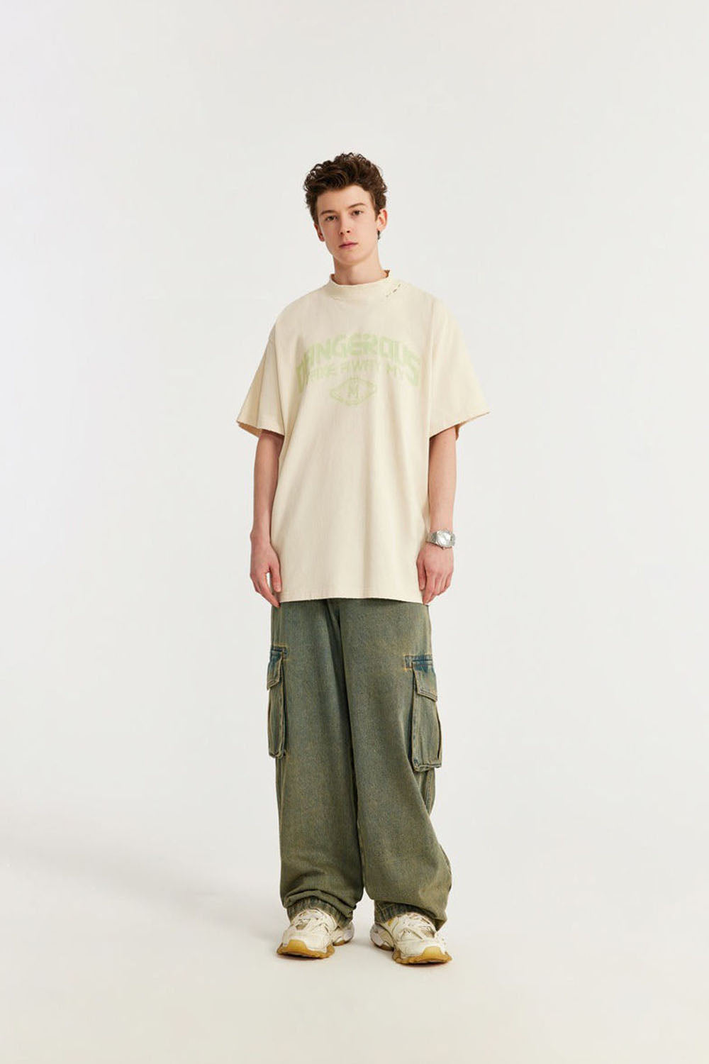 Mock Neck Rubber Print Slogan T-Shirt