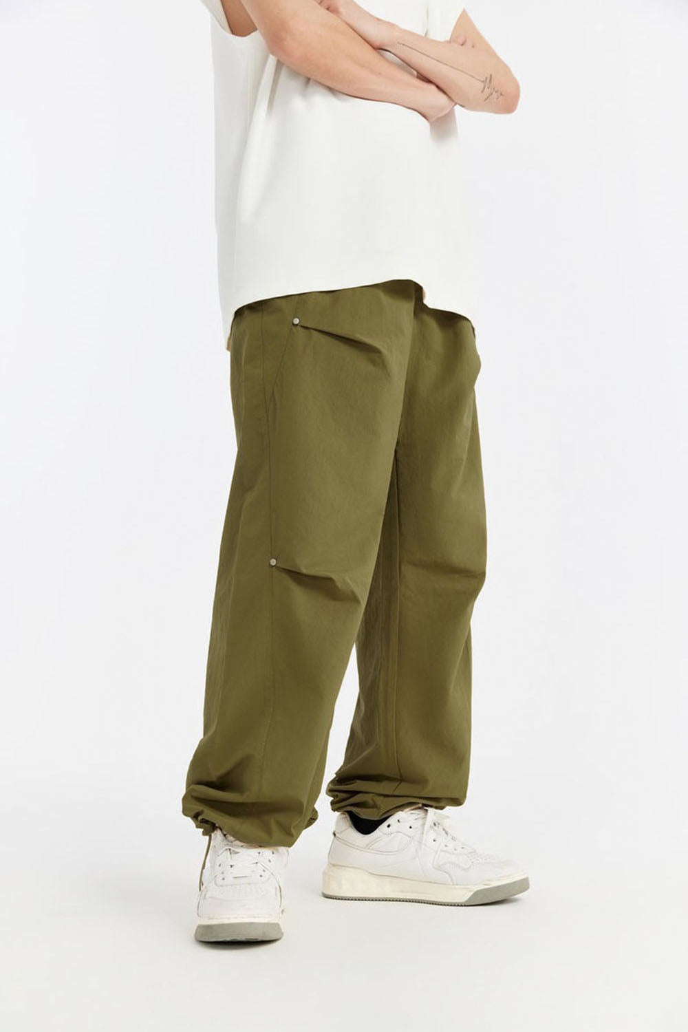 Olive Green Riveted Wide-Leg Trousers