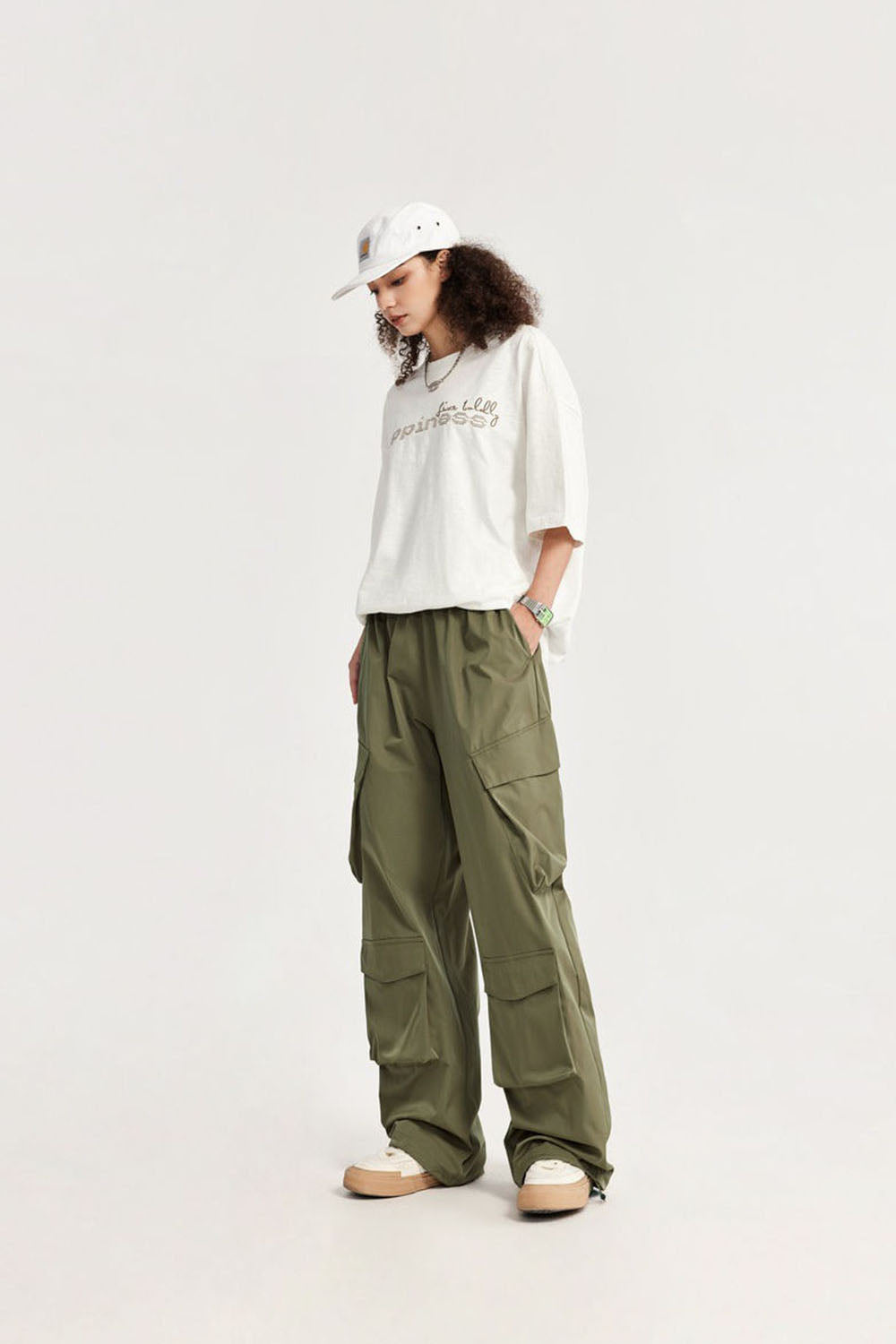 Plaid Multi-Pocket Cargo Wide-Leg Trousers