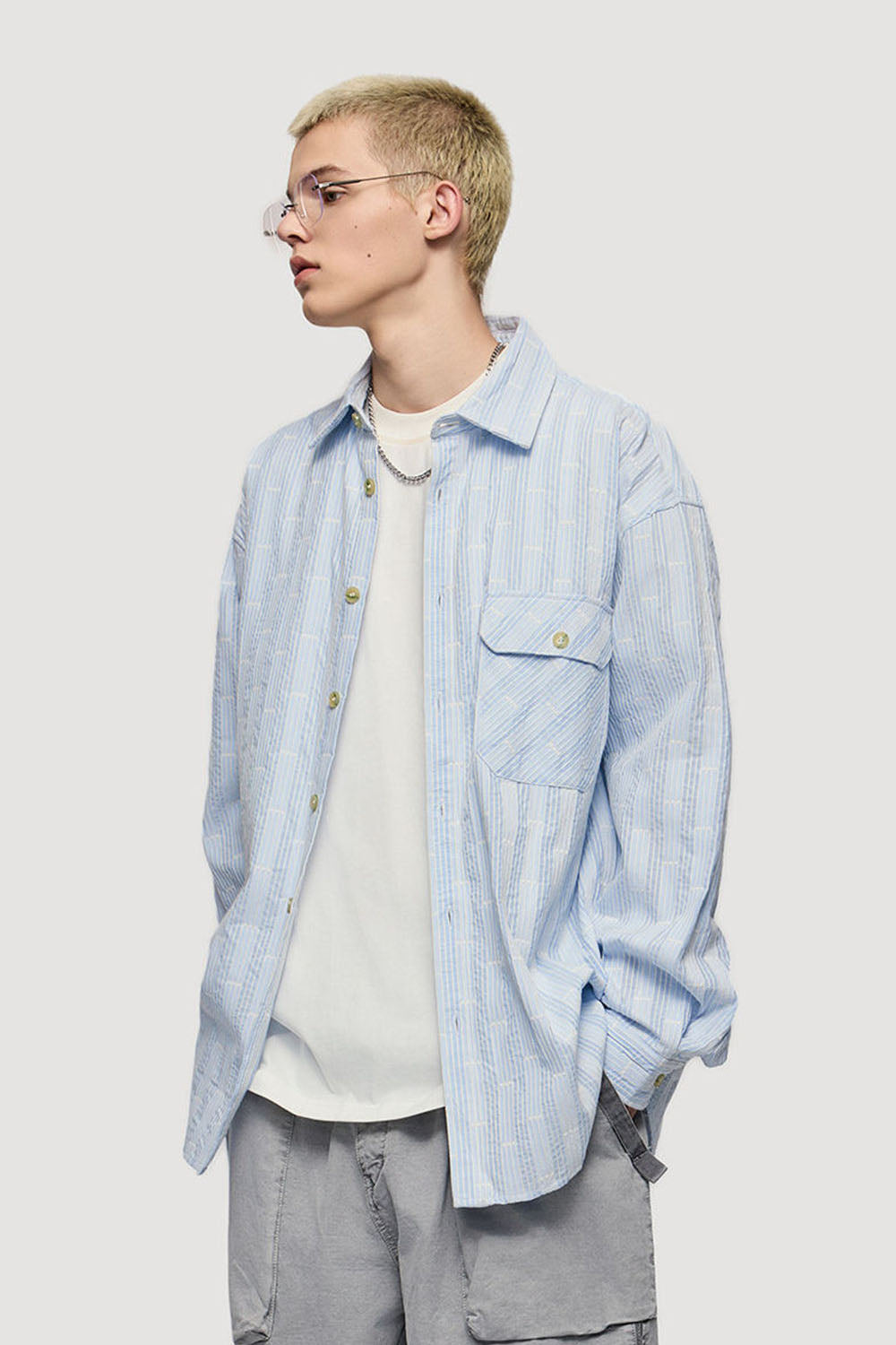 Light Blue Vertical Stripe Jacquard Shirt