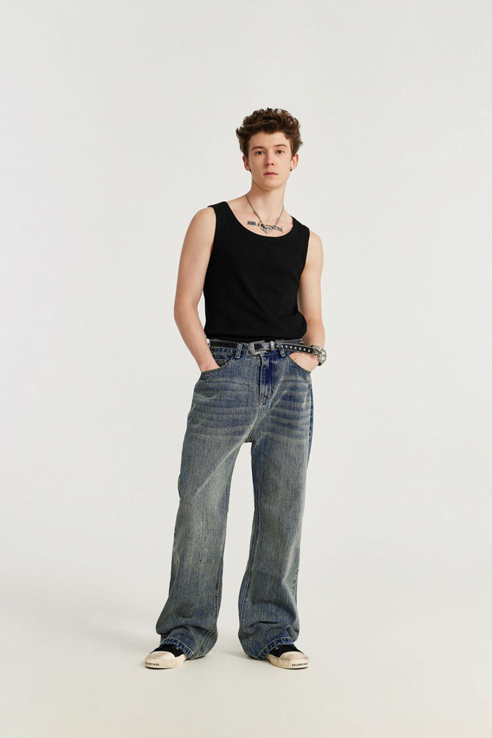 Vintage Washed Bamboo Slub Denim Micro-Flare Jeans