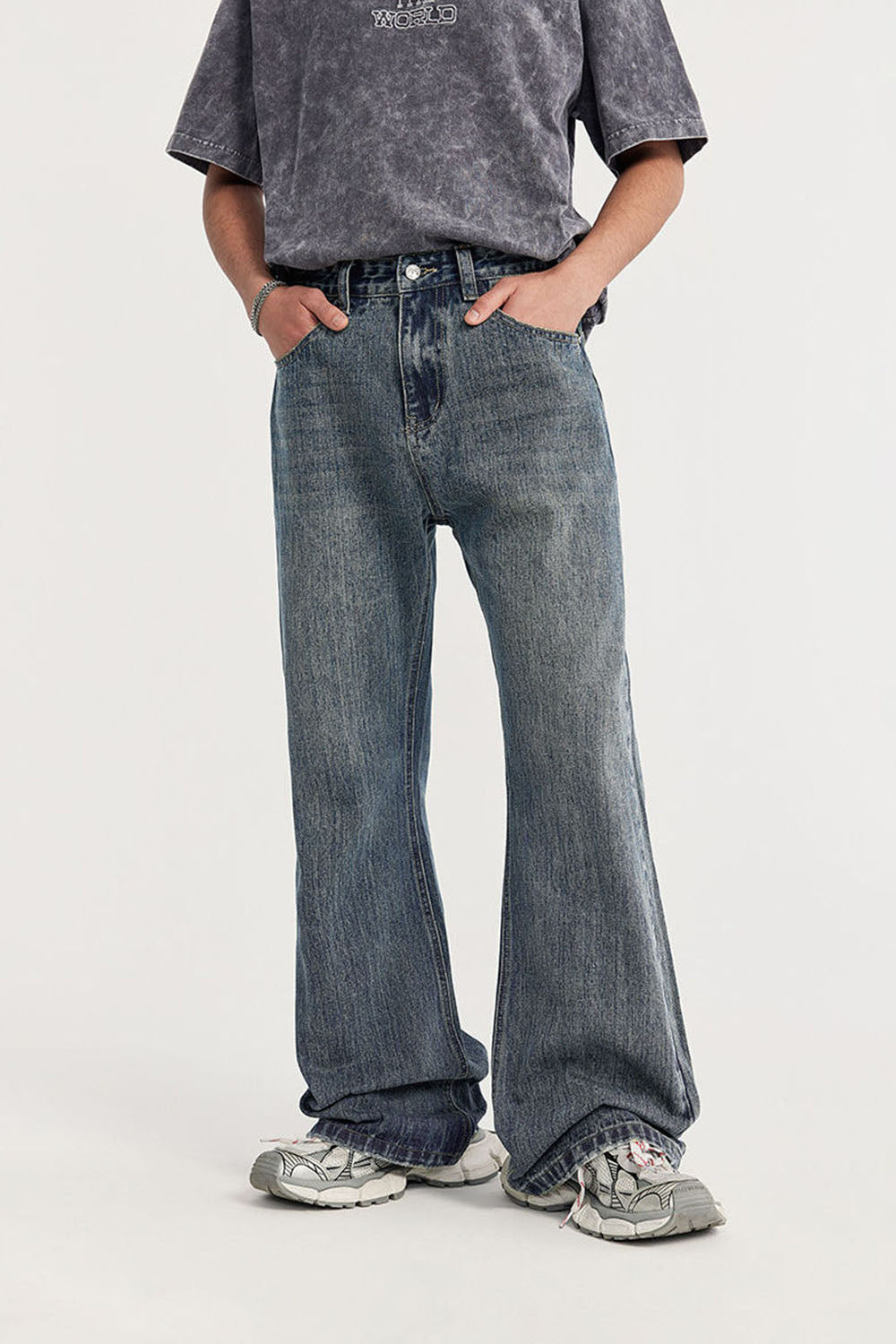 Vintage Washed Bamboo Slub Denim Micro-Flare Jeans