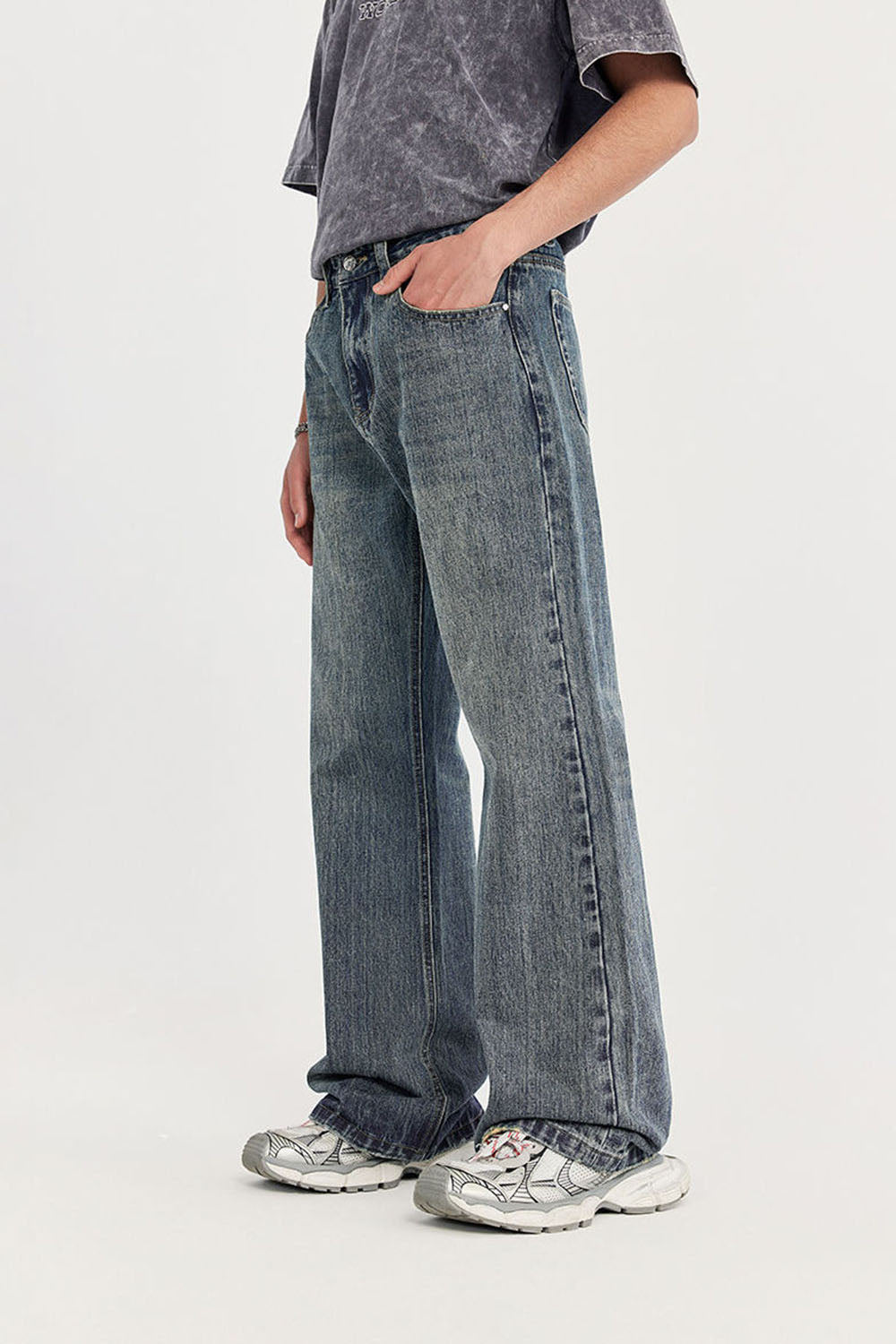 Vintage Washed Bamboo Slub Denim Micro-Flare Jeans