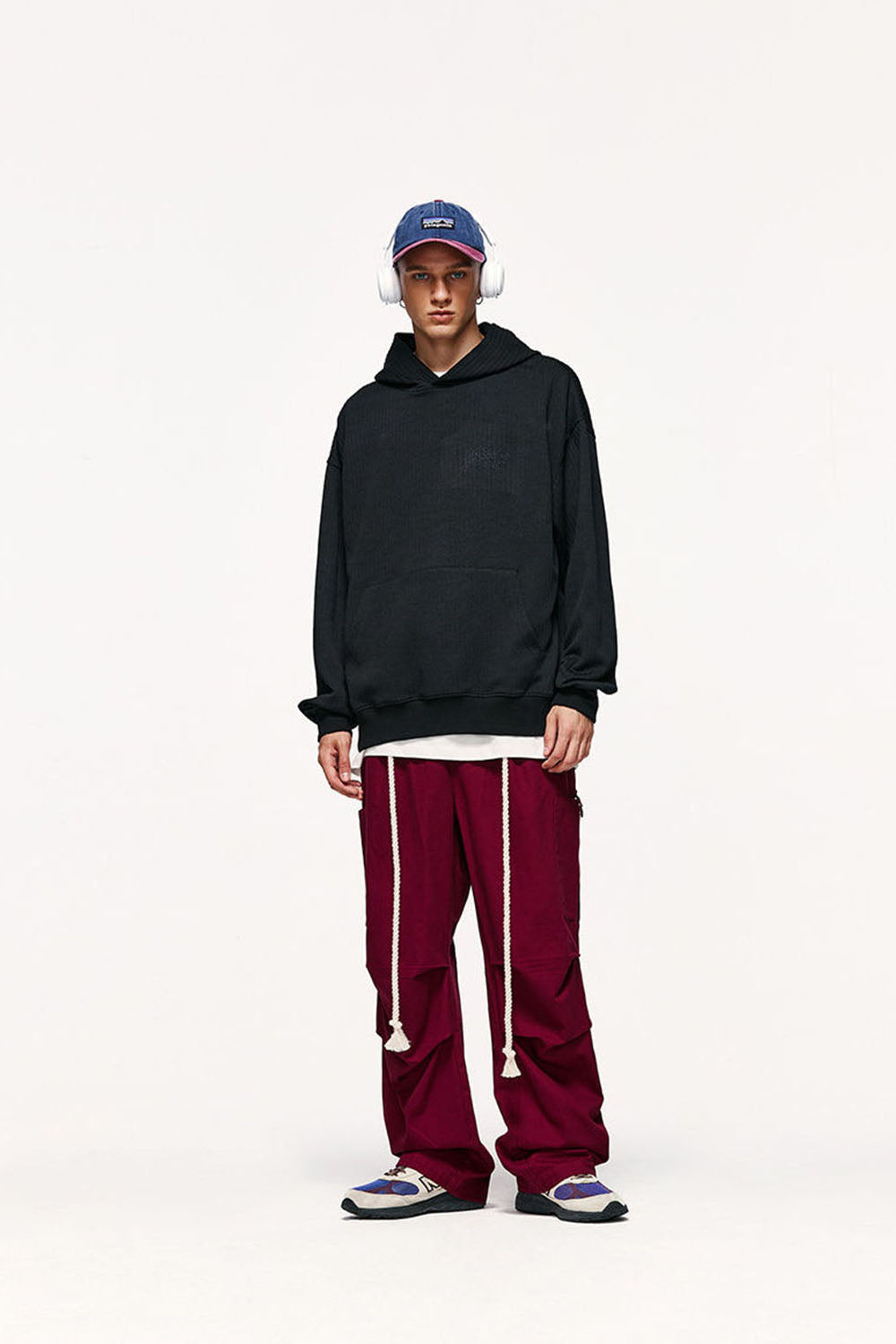 Burgundy Drawstring Wide-Leg Cargo Pants