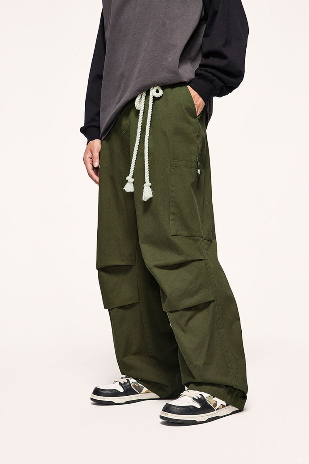 Burgundy Drawstring Wide-Leg Cargo Pants