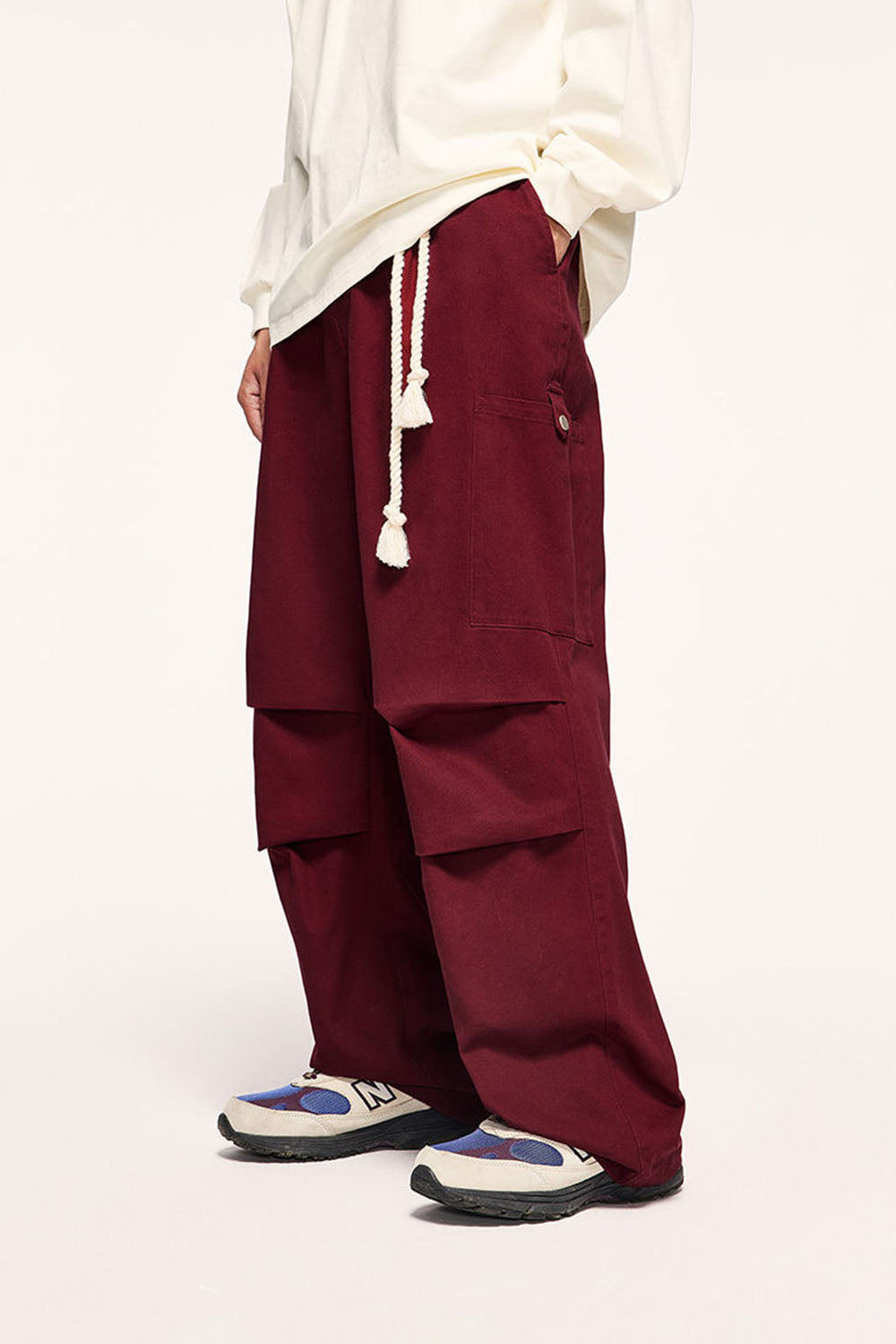 Burgundy Drawstring Wide-Leg Cargo Pants